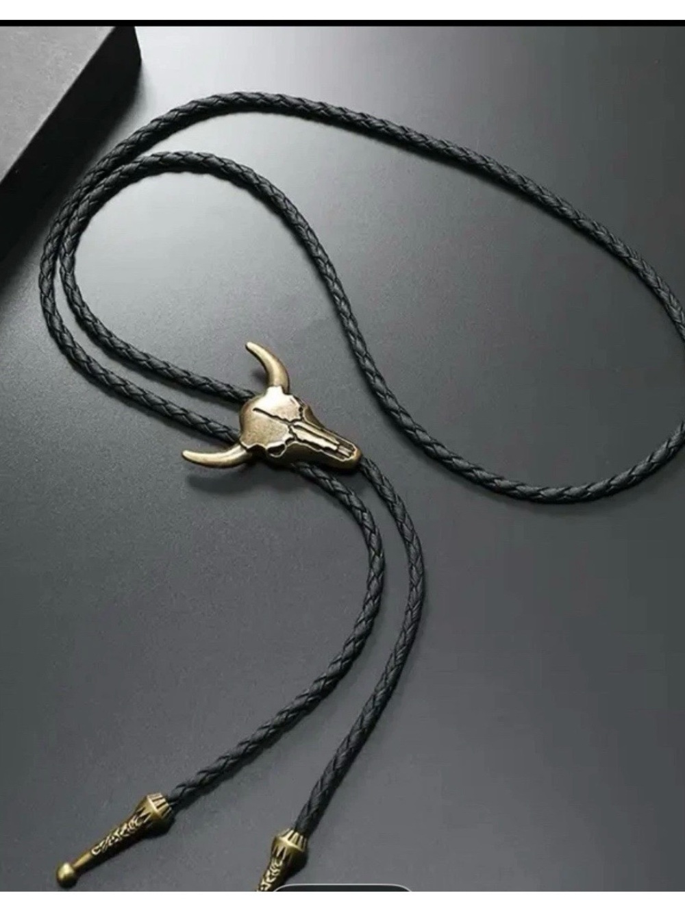 Bronze Bull Skull Bolo Tie with Black Braided Cord - Picture 2 of 4